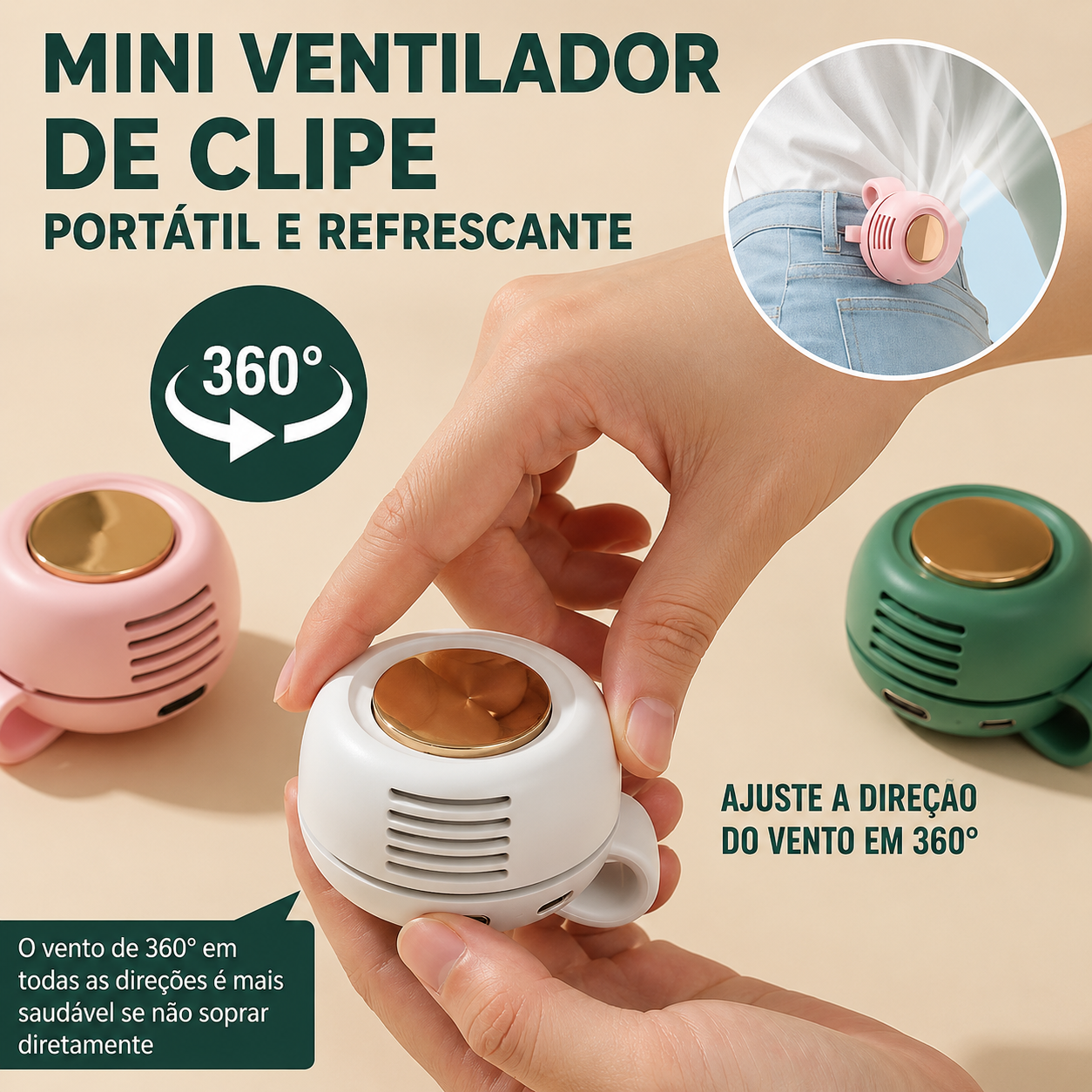 Mini Ventilador Sem Pás Recarregável – Portátil, Silencioso, 3 Velocidades e Rotação 360°
