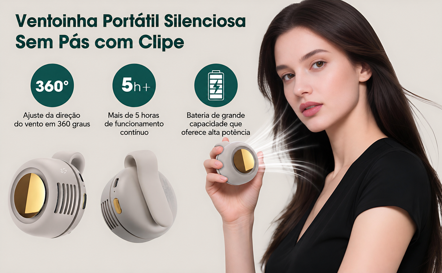 Mini Ventilador Sem Pás Recarregável – Portátil, Silencioso, 3 Velocidades e Rotação 360°