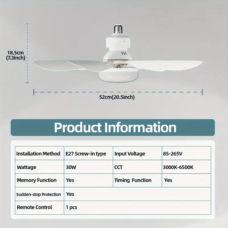 Luce della ventola a LED 2 in 1, velocità del vento a tre livelli, con 3 colori regolabili, telecomando, funzione di temporizzazione, motore silenzioso, facile da installare, adatta per soggiorno, camera da letto, cucina