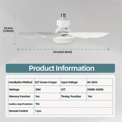 Luce della ventola a LED 2 in 1, velocità del vento a tre livelli, con 3 colori regolabili, telecomando, funzione di temporizzazione, motore silenzioso, facile da installare, adatta per soggiorno, camera da letto, cucina