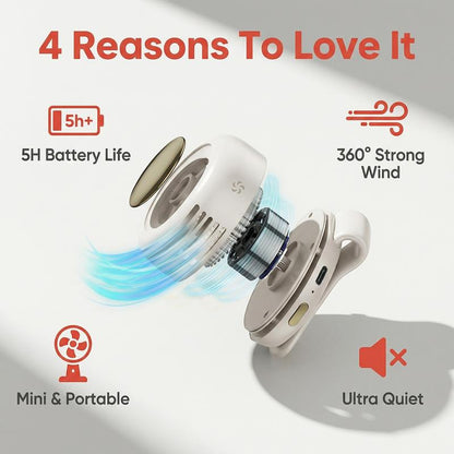 Mini ventilatore senza pale. Portatile, ricaricabile e silenzioso. Dotato di 3 velocità regolabili, corpo rotante e versatile utilizzo come ventilatore portatile, da indossare in vita o per raffreddare il telefono.