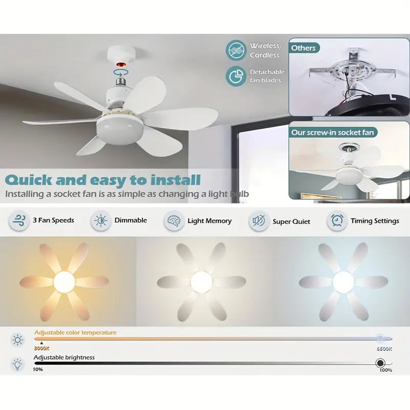 Luce della ventola a LED 2 in 1, velocità del vento a tre livelli, con 3 colori regolabili, telecomando, funzione di temporizzazione, motore silenzioso, facile da installare, adatta per soggiorno, camera da letto, cucina