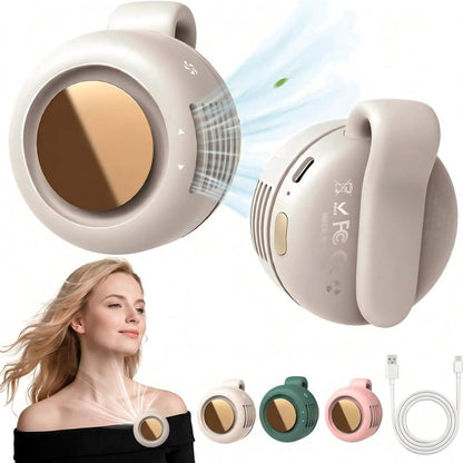 Mini ventilatore senza pale. Portatile, ricaricabile e silenzioso. Dotato di 3 velocità regolabili, corpo rotante e versatile utilizzo come ventilatore portatile, da indossare in vita o per raffreddare il telefono.