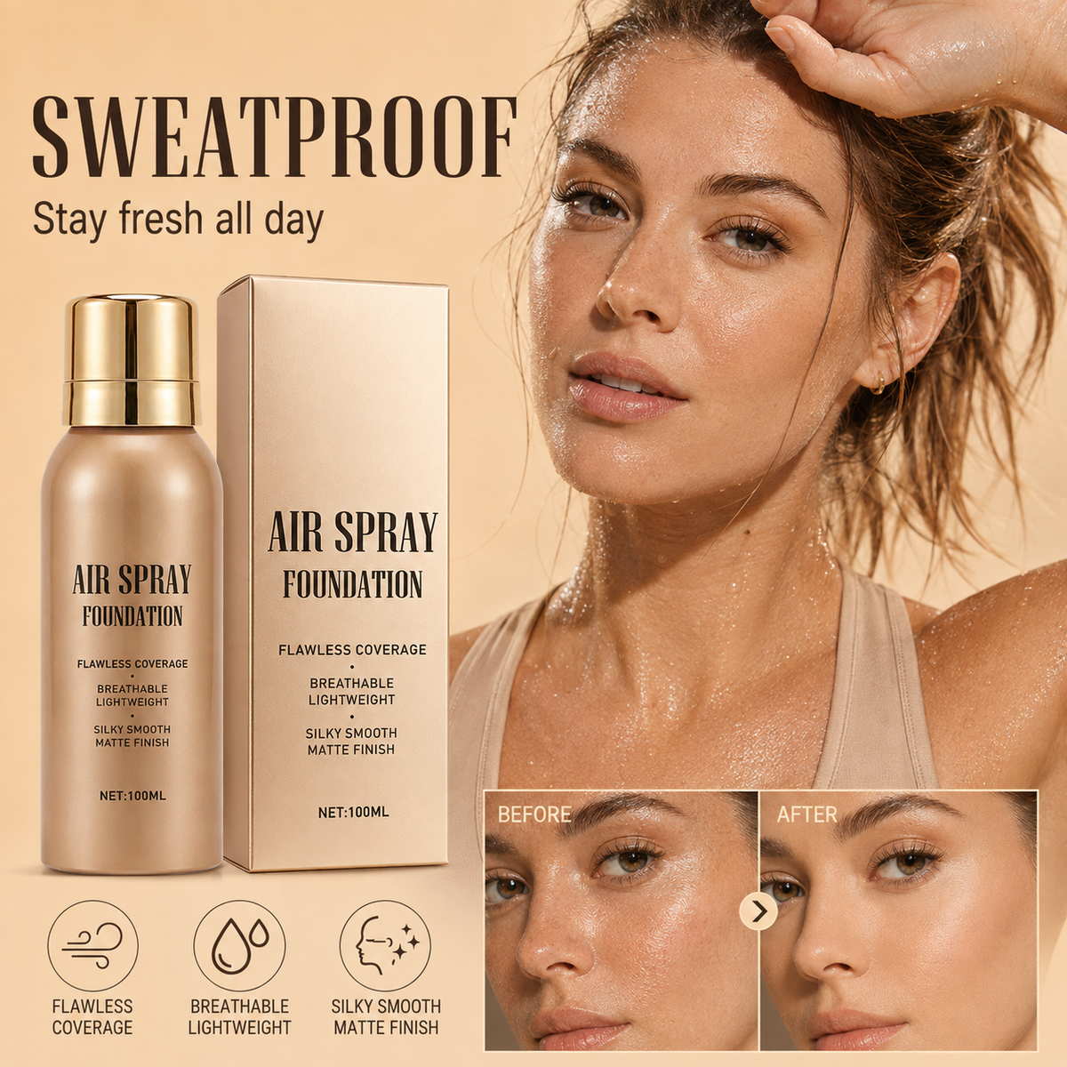 🛒💨 Fond de teint en spray waterproof longue tenue – Parfait, respirant et résistant. Commandez dès maintenant !